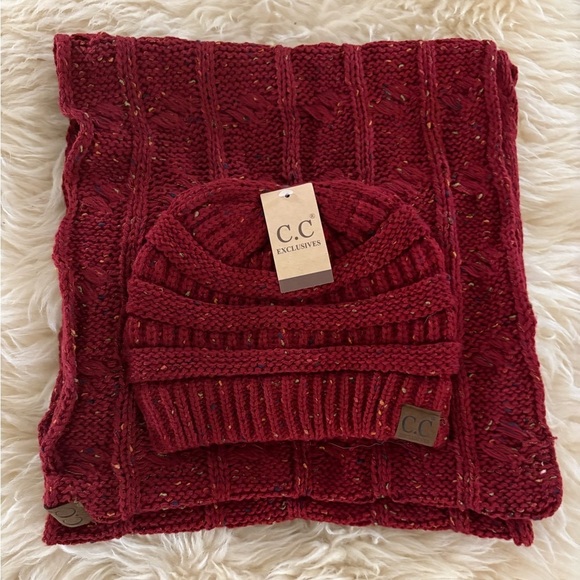 C.C Accessories - C.C Exclusives Burgundy Cable Knit Beanie and Infinity Scarf Set